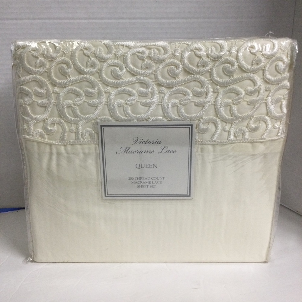 Victoria Macrame Lace Queen Sheet Set - Cream 250 Thread Count Set Vintage New